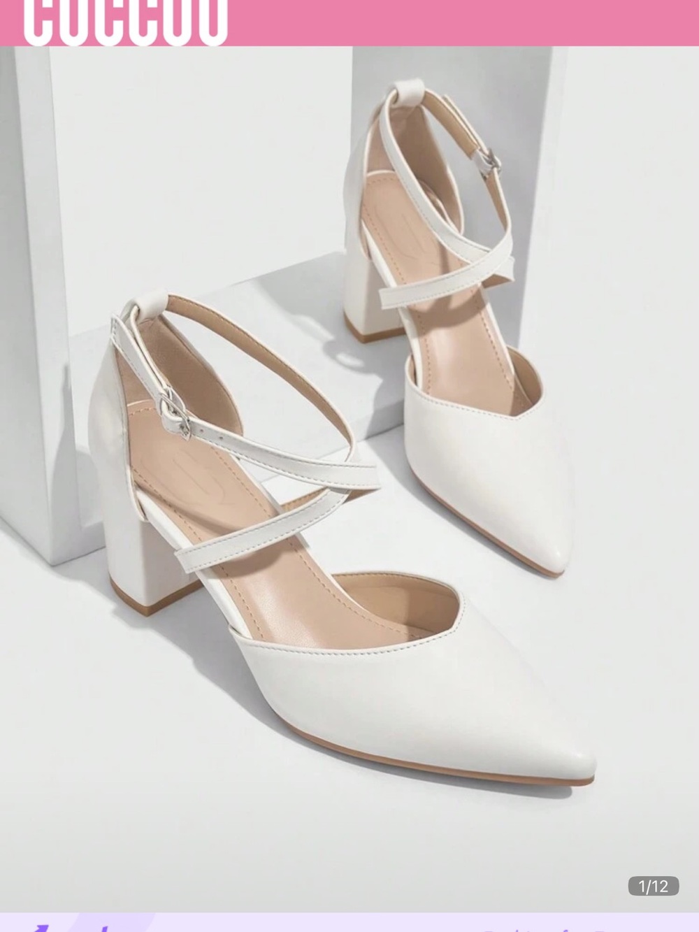 SHEIN White Pointed Block Heel Pumps with Cross Straps